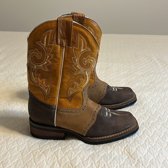 Alejo boots tooled cowboy gaucho boots, leather, brown & tan, made in Mexico, 4 - Picture 5 of 12
